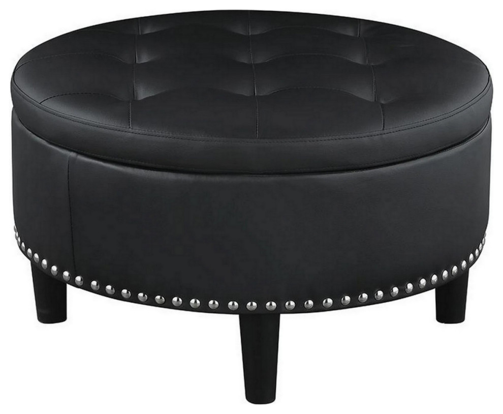 30 Inch Round Storage Ottoman Black Vegan Faux Leather Button Tufted   Transitional   Footstools And Ottomans   by Dot  ampBo  Houzz