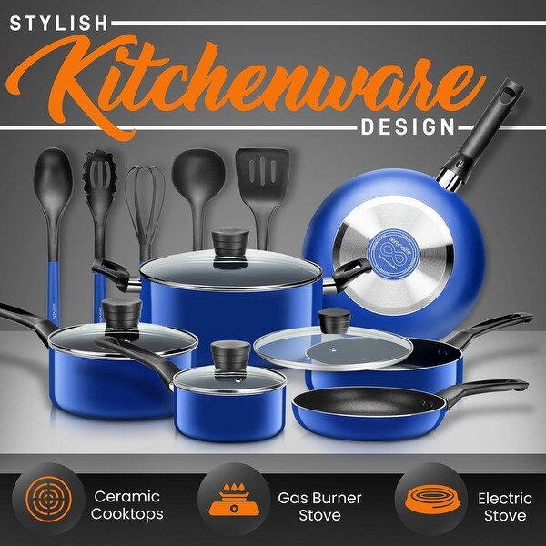 14 Piece Non-stick Kitchen Cookware Set， Brown|Blue