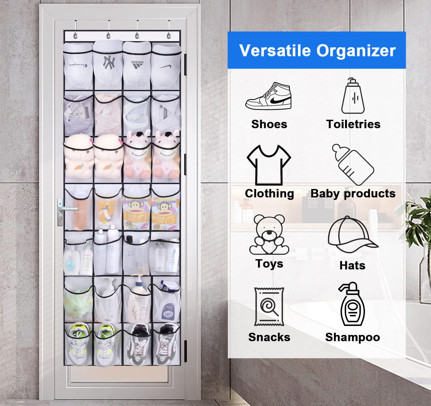 MISSLO Big Pockets Over the Door Shoe Rack Closet Hanging Shoe Organizer with 4 Hooks 28 Pairs Mesh Shoe Holder Hanger， White