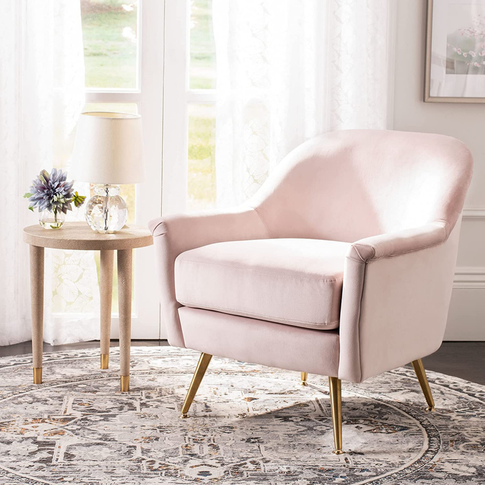 Comfortable Armchair  Brass Metal Legs With Velvet Upholstered Seat  Blush Pink   Midcentury   Armchairs And Accent Chairs   by Declusia  Houzz