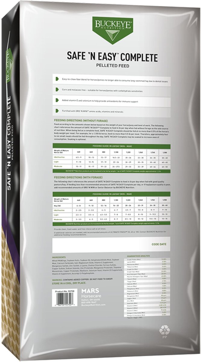 Buckeye Nutrition Safe 'N Easy Complete Low Sugar， Low Starch Horse Feed