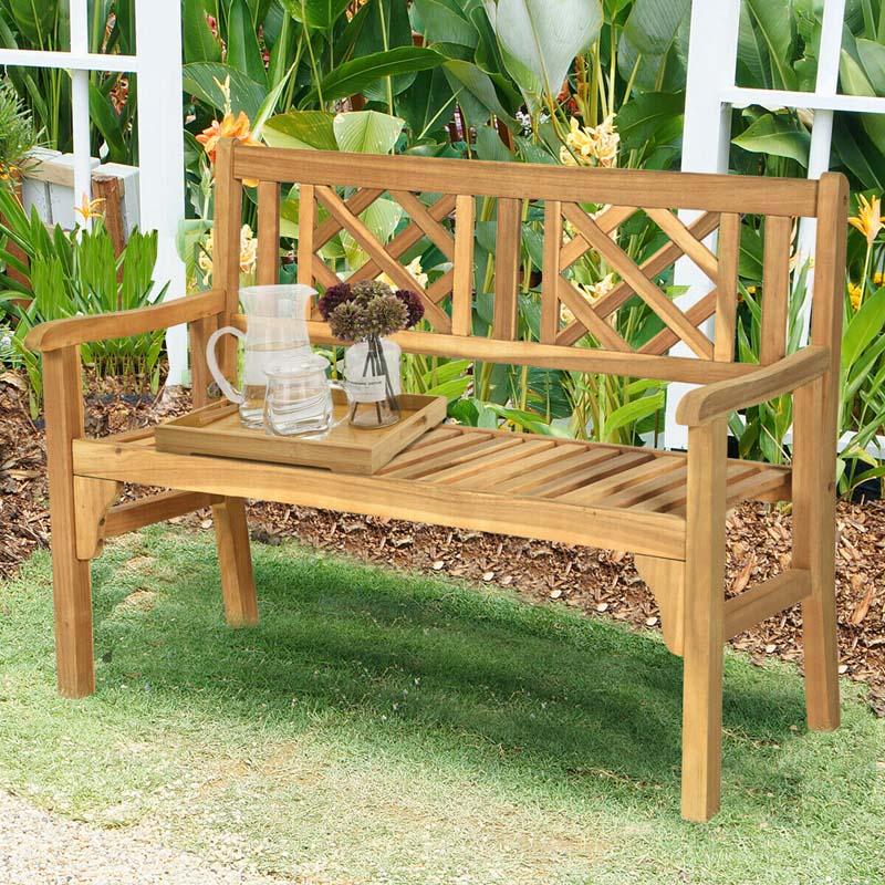 2-Person Foldable Wooden Bench Outdoor Patio Garden Park Bench Loveseat Chair with Curved Backrest & Armrest