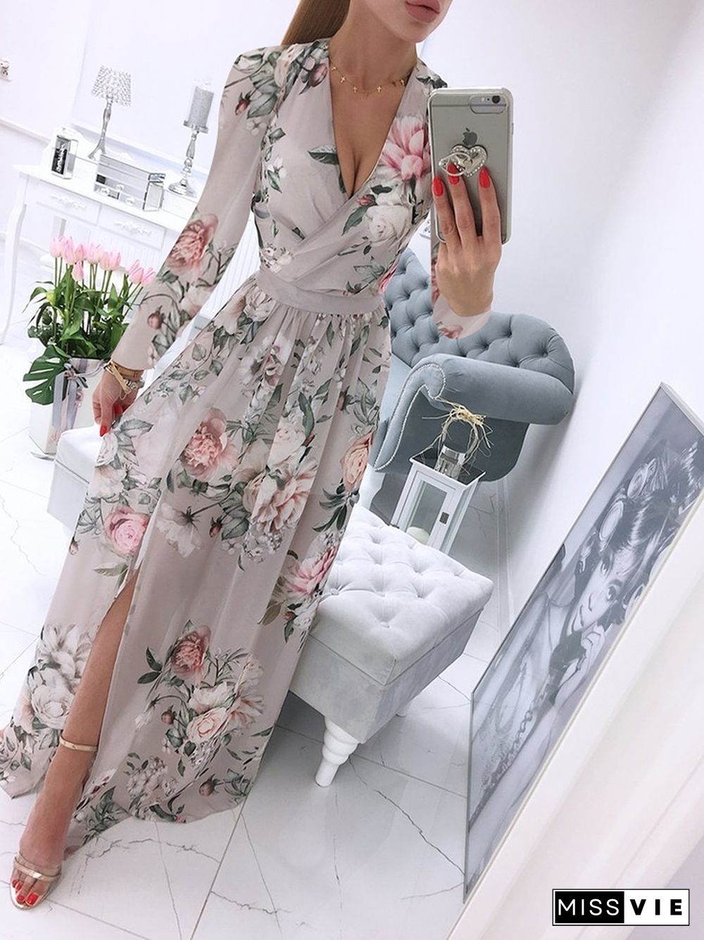 Spring Fashion Floral Print Long Party Dress Ladies Elegant V Neck Long Sleeve Split Dress Sweet Temperament Office Ladies Dress