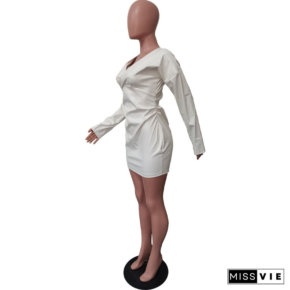 V Neck Long Sleeve High Waist White Leather Dress