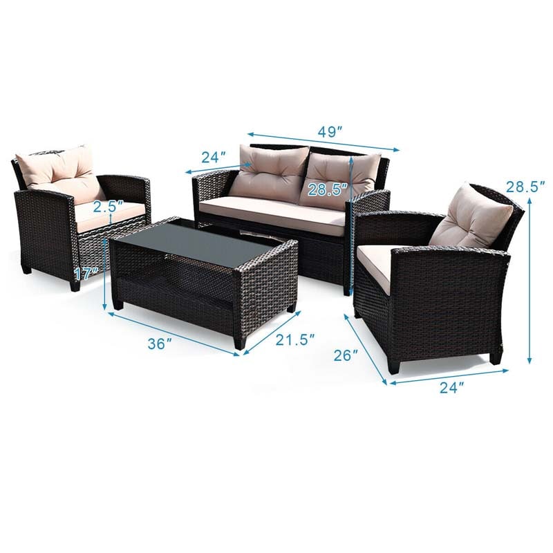 4 Pcs Rattan Patio Furniture Conversation Set Outdoor Wicker Sofa Set with Lower Shelf Coffee Table