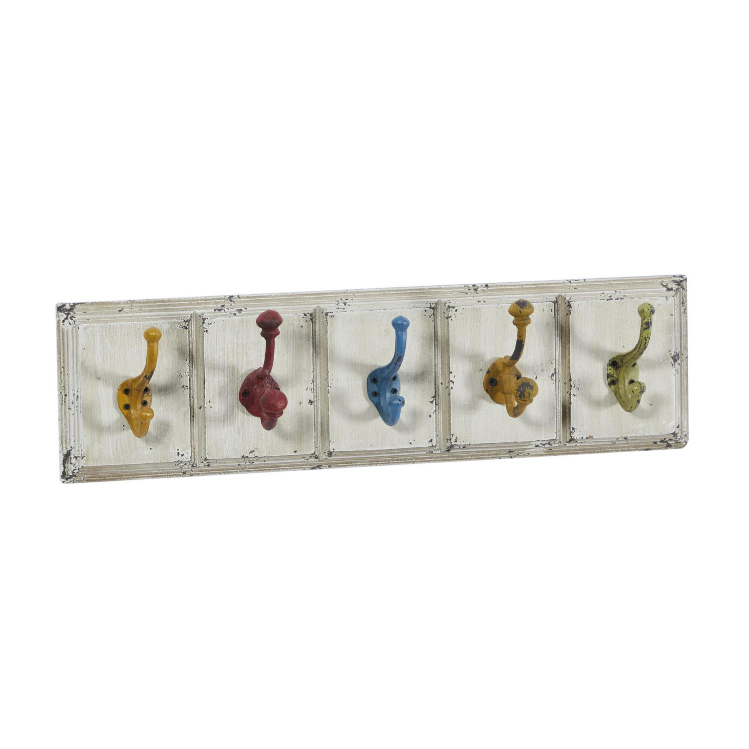 DecMode 24 x 7 White Wood 5 Hangers Wall Hook with Multi Colored Hooks， 1-Piece