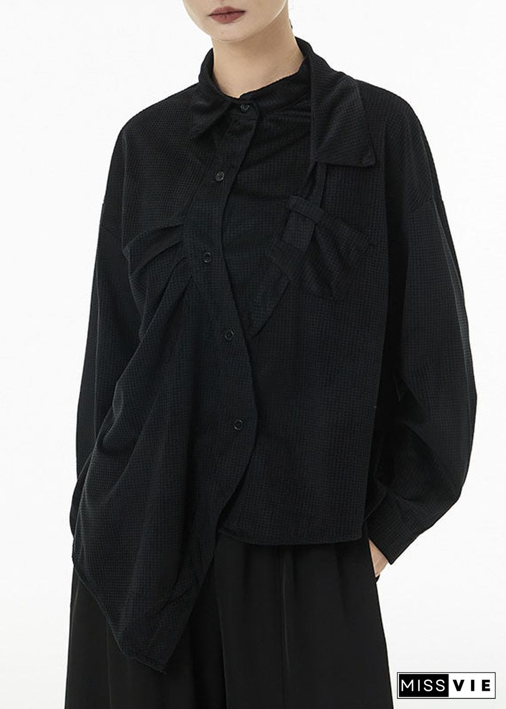 Black Oversized Silk Velour Shirt Top Asymmetrical Design Spring