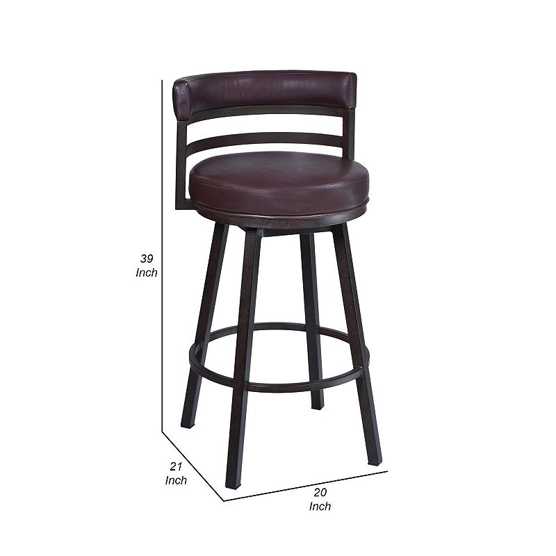 Eva 30 Inch Swivel Bar Stool， Vegan Leather， Curved Back， Auburn Brown