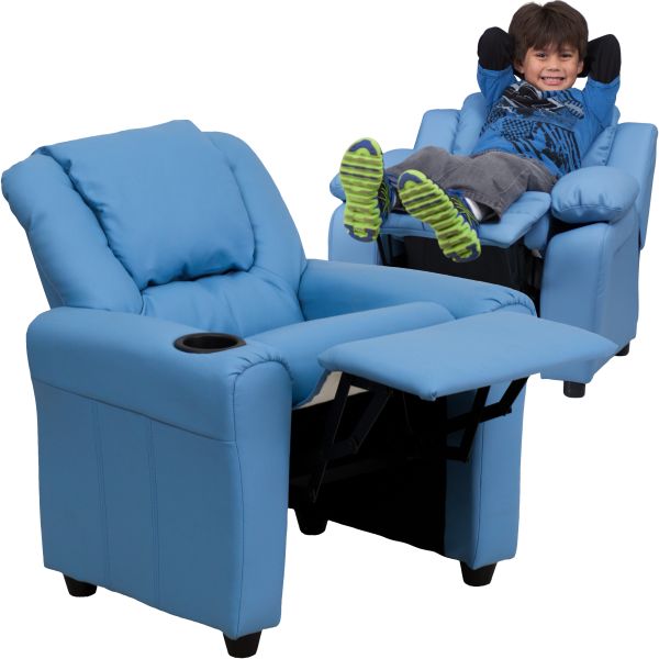 Vana Contemporary Light Blue Vinyl Kids Recliner with Cup Holder and Headrest