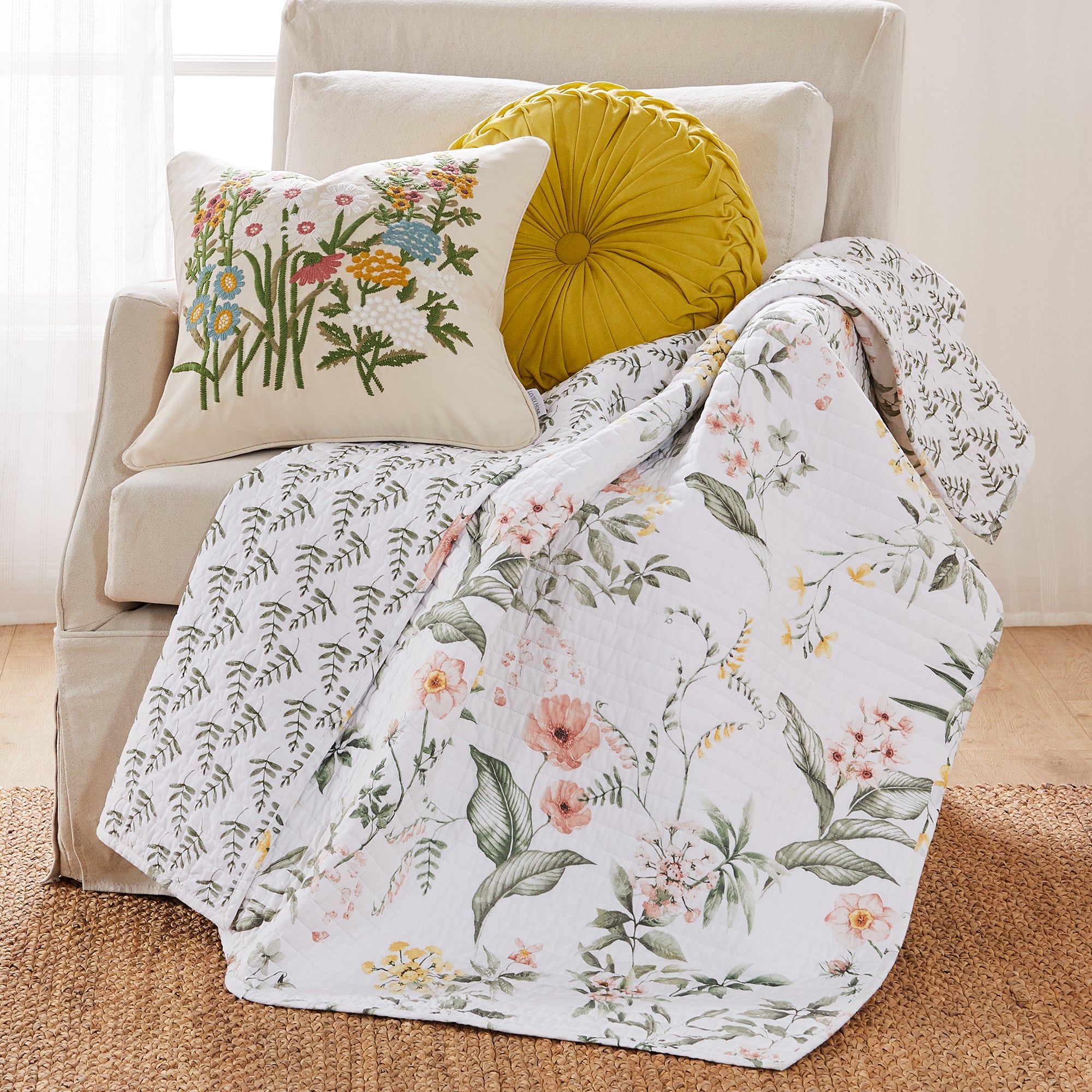 Levtex Home - Viviana - Quilted Throw - Botanical Floral - Coral, Green, Yellow, Cream - 50x60in. - Reversible - Cotton