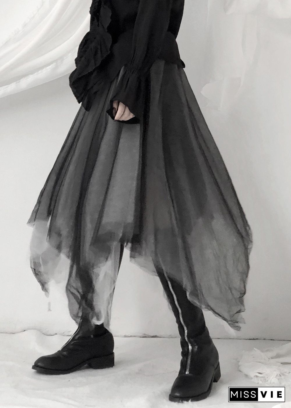 Boho Black Asymmetrical Layered Tulle Maxi Skirt