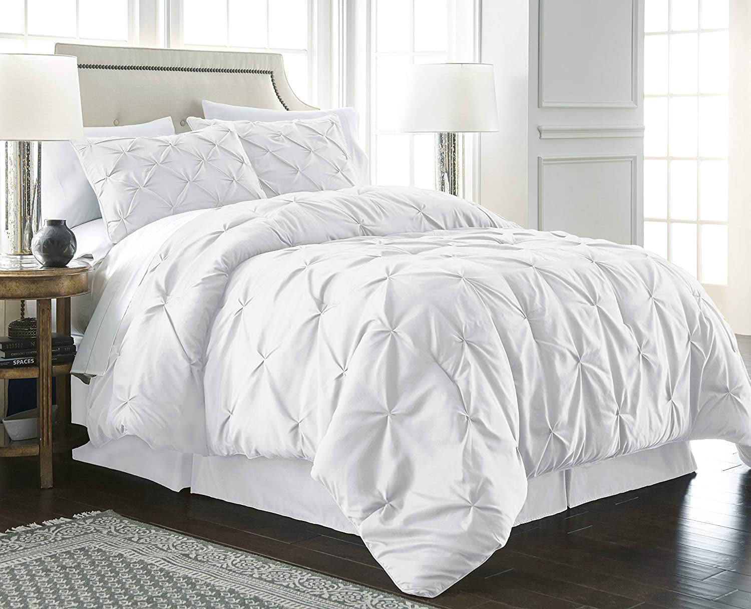 Chezmoi Collection Berlin 3-Piece Pinch Pleated Pintuck Comforter Set， Queen， White