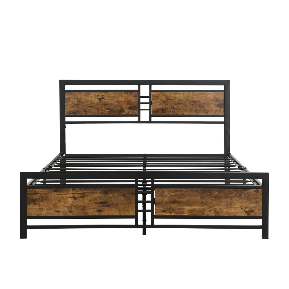 Metal Platform Bed Frame with Wood Headboard and Footboard