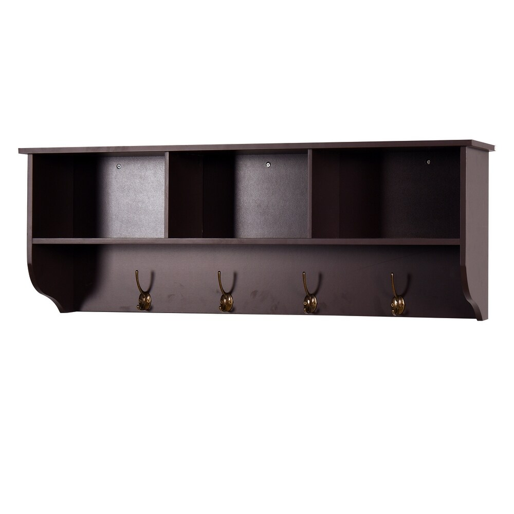 Wall Mounted Coat Rack W/ 4 Dual Hooks  Wood Storage Shelf Small Space