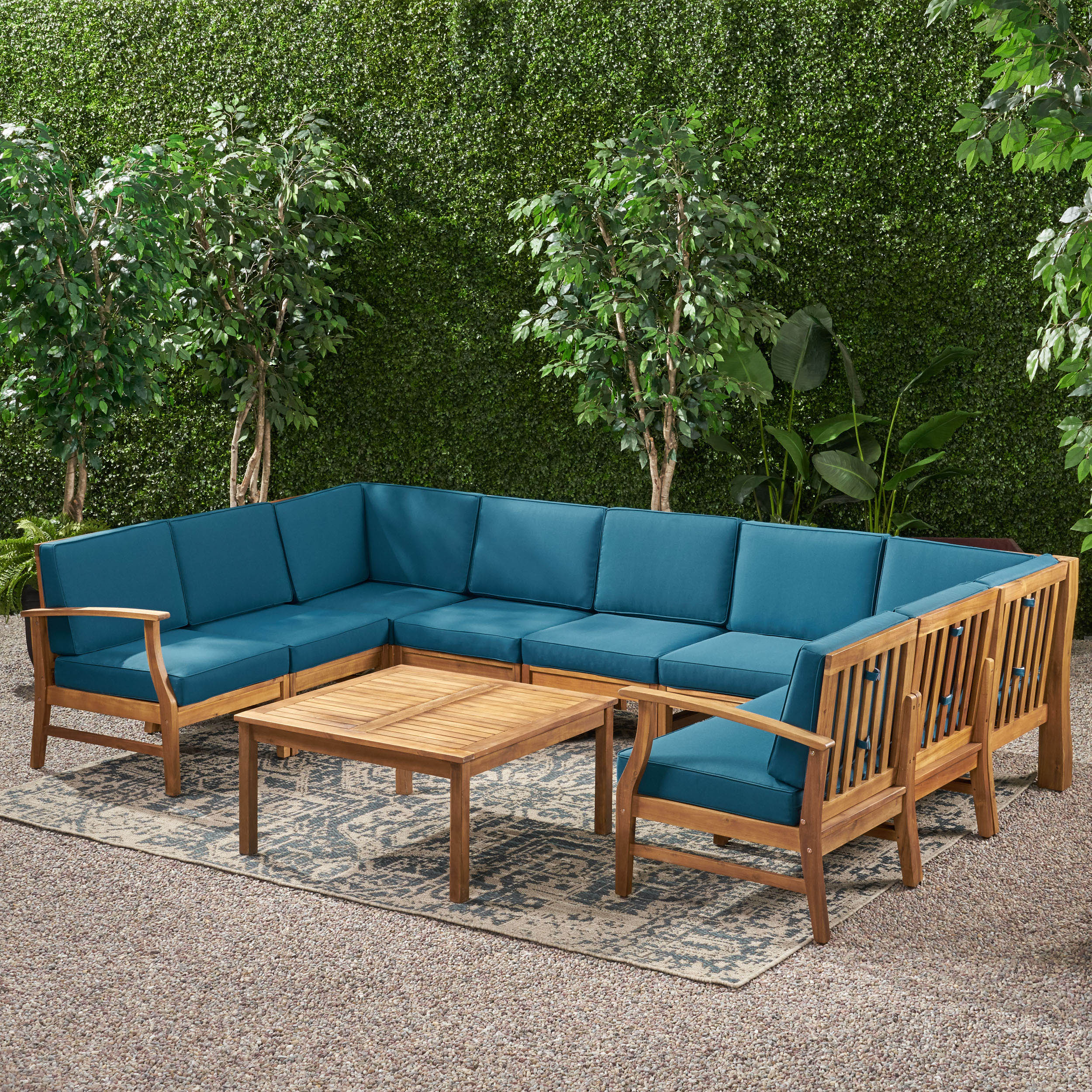 Judith Outdoor 9 Seater Acacia Wood Sectional Sofa Set with Cushions