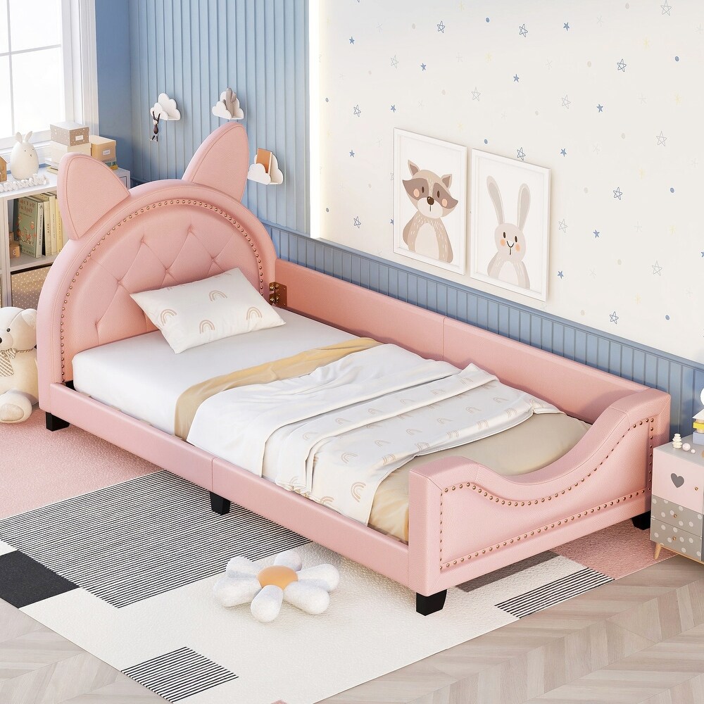 Twin Size Upholstered Daybed with Carton Ears Headboard  Rabbit Shaped Cute Platform Bed Frame with Button for Boys Girls  Pink