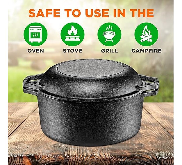 Nutrichef 2 in 1 Pre seasoned Non stick Cast Iron Double Dutch Oven And Skillet Lid