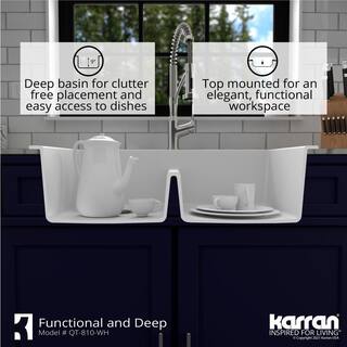 Karran QT-810 QuartzGranite 33 in. Double Bowl 5050 Top Mount Drop-in Kitchen Sink in White with Bottom Grid and Strainer QT-810-WH-PK1