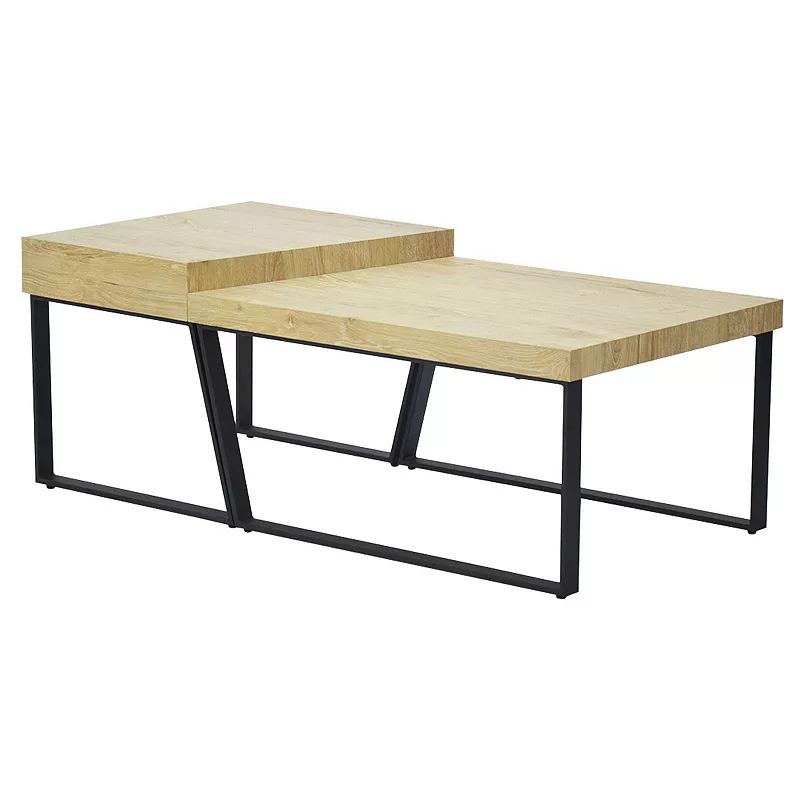 Rectangular Wooden Coffee Table with Metal Frame， Oak Brown and Black