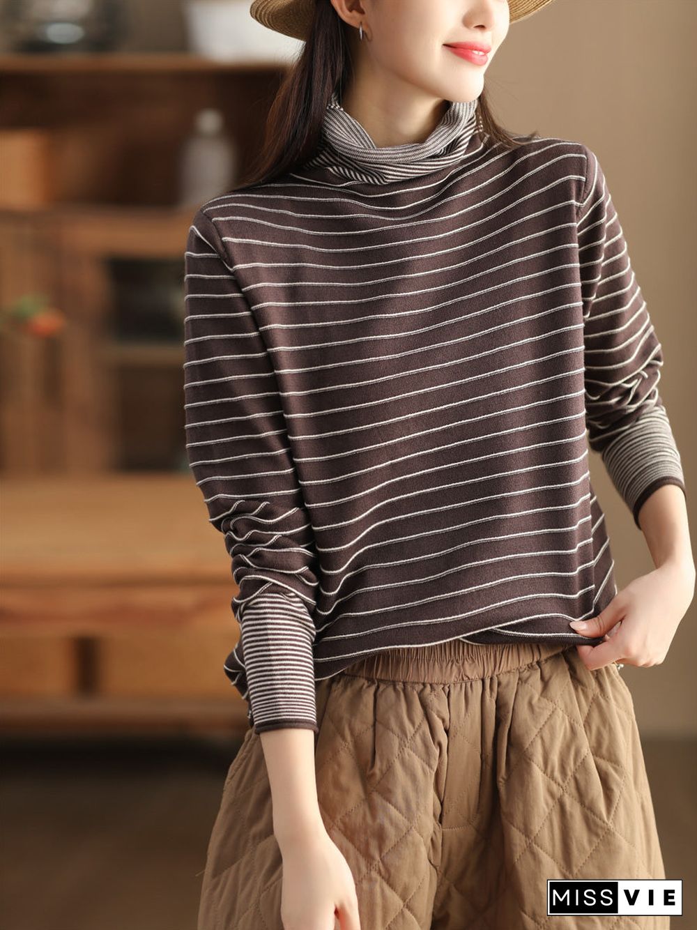 Women Casual Stripe Spliced Turtleneck Warm Sweatshirt