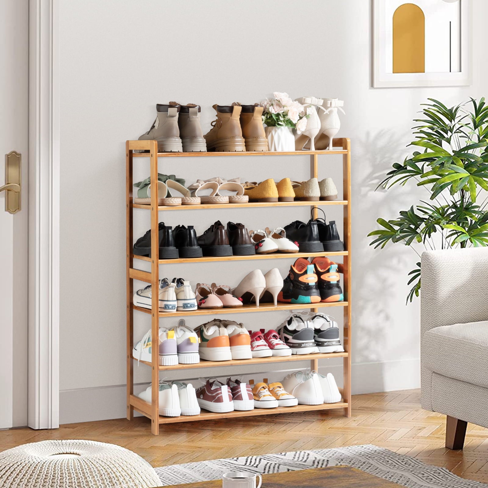 Zimtown 6 Tiers Natural Bamboo Wood Shoe Shelf Shoe Rack Shoe  Storage Organizer Shelving for Entryway Kitchen Home