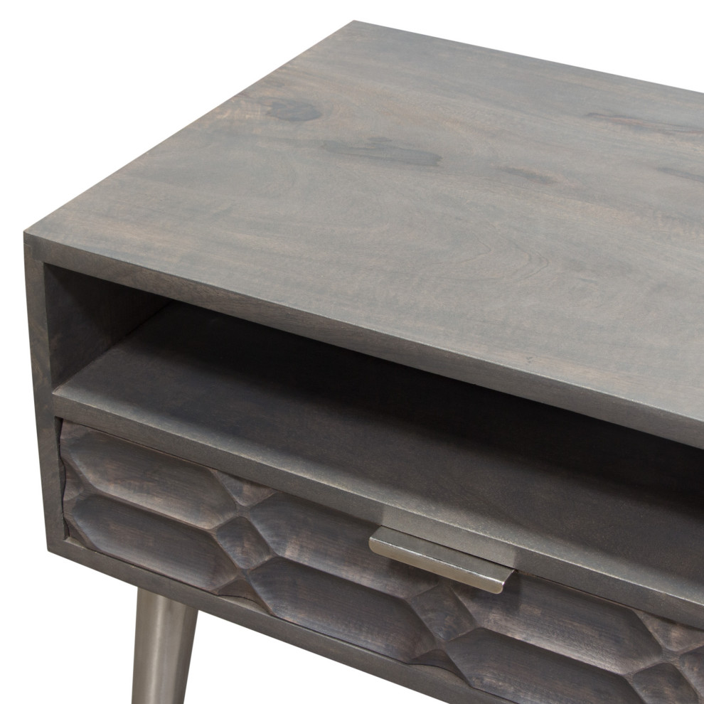 Petra Solid Mango Wood 1 Drawer Accent Table  Smoke Gray Finish With Nickel Legs   Midcentury   Side Tables And End Tables   by VirVentures  Houzz