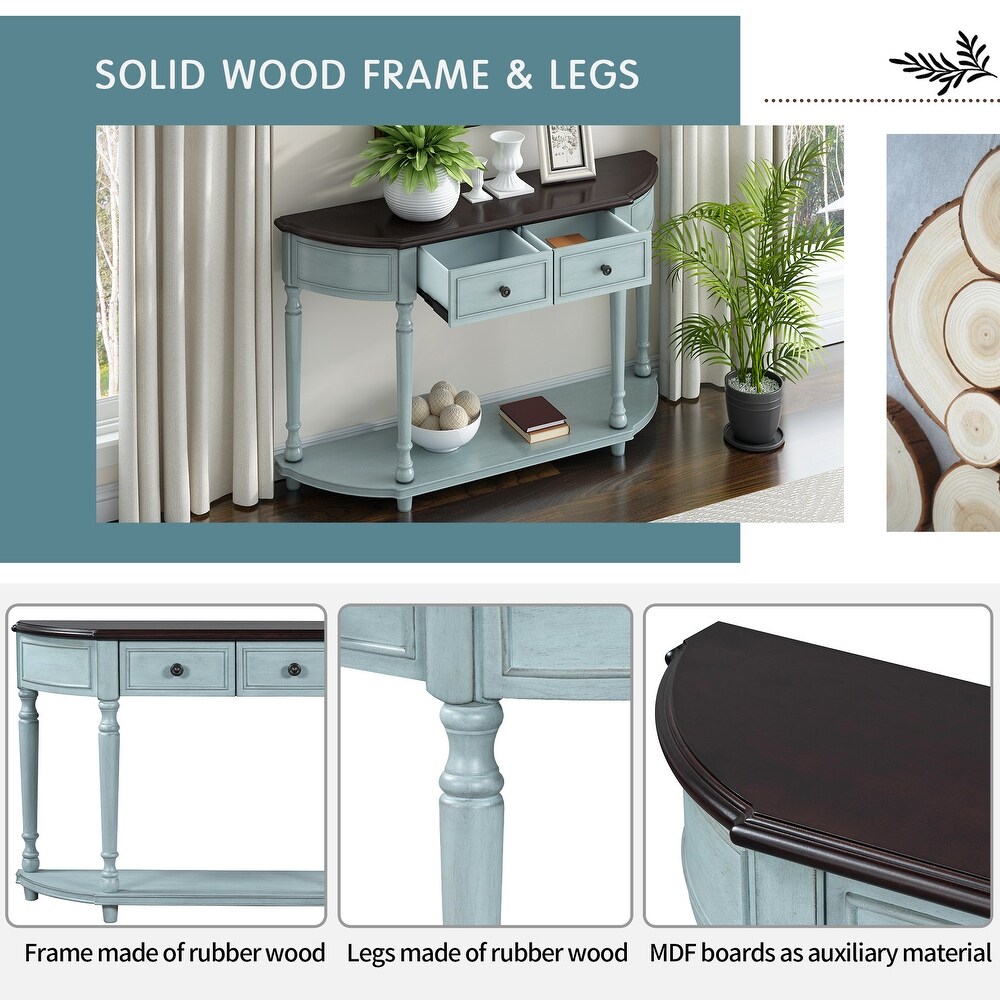 Retro Curved Console Table with Open Style Shelf and 2 Top Drawers  Half Moon Entry Table with Solid Wooden Frame and Legs