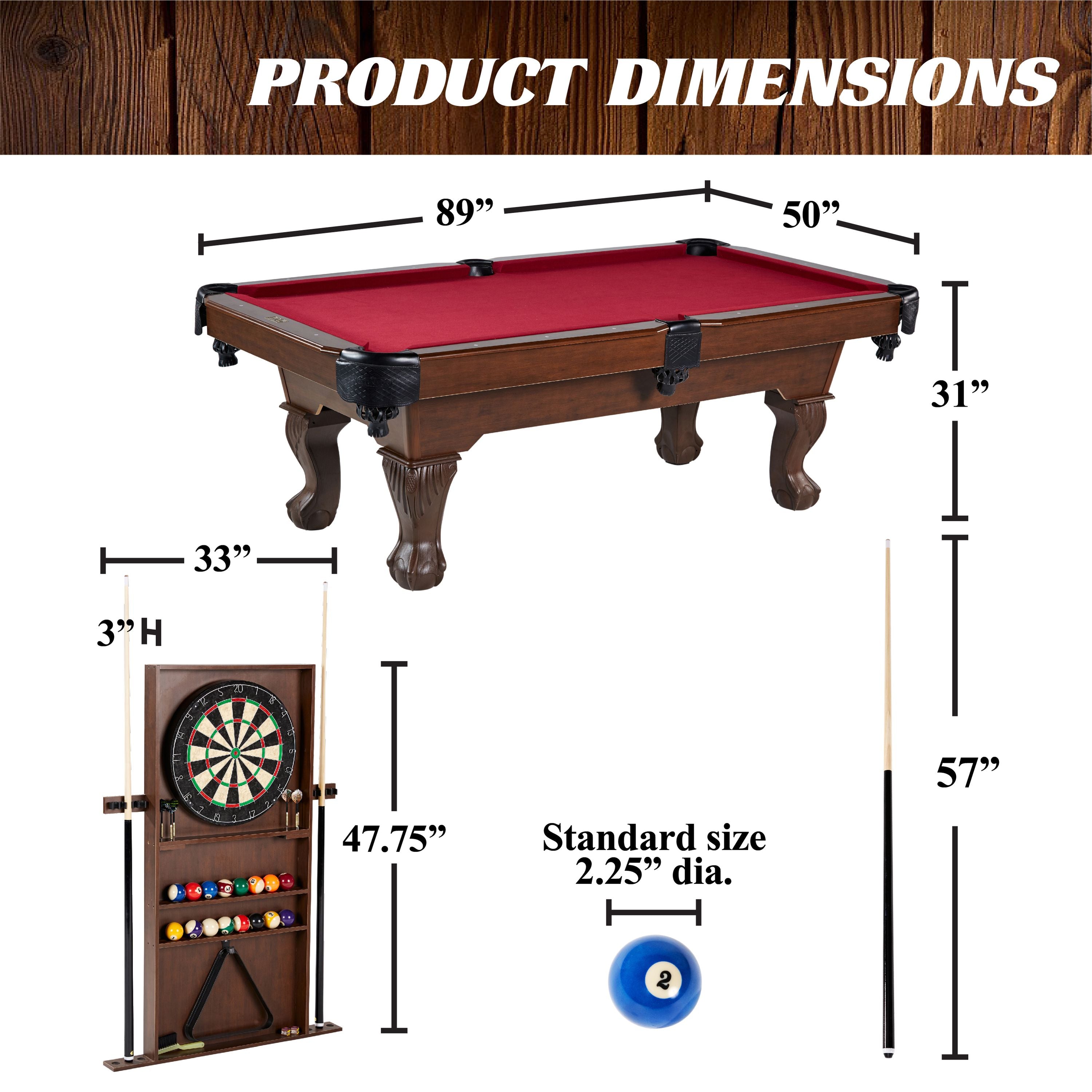 Barrington Billiards Ball and Claw Leg 90" Pool Table, Cue Rack, Dartboard, Burgundy