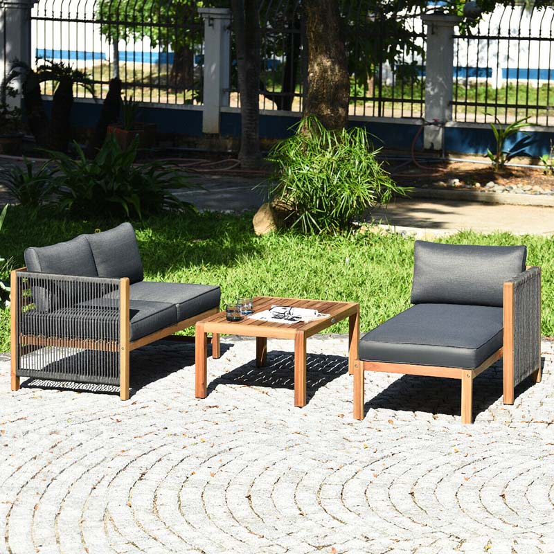 3 Pcs Acacia Wood Patio Conversation Set with Nylon Rope Armrest, L Shape Outdoor Furniture Set