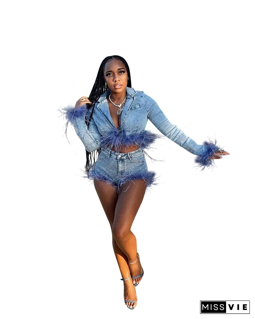 Feathers Long Sleeve Denim Jacket 2 Piece Shorts Set