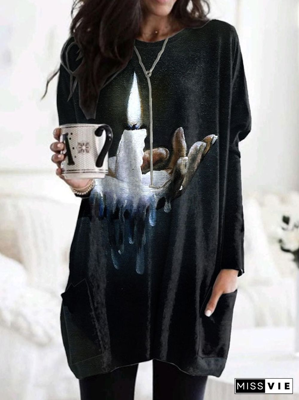 Women's Vintage Art Print Round Neck Long Sleeve Dress