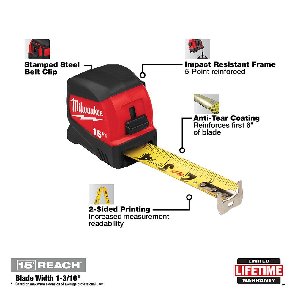 Milwaukee 16Ft Compact Wide Blade Tape Measure 48-22-0416 from Milwaukee