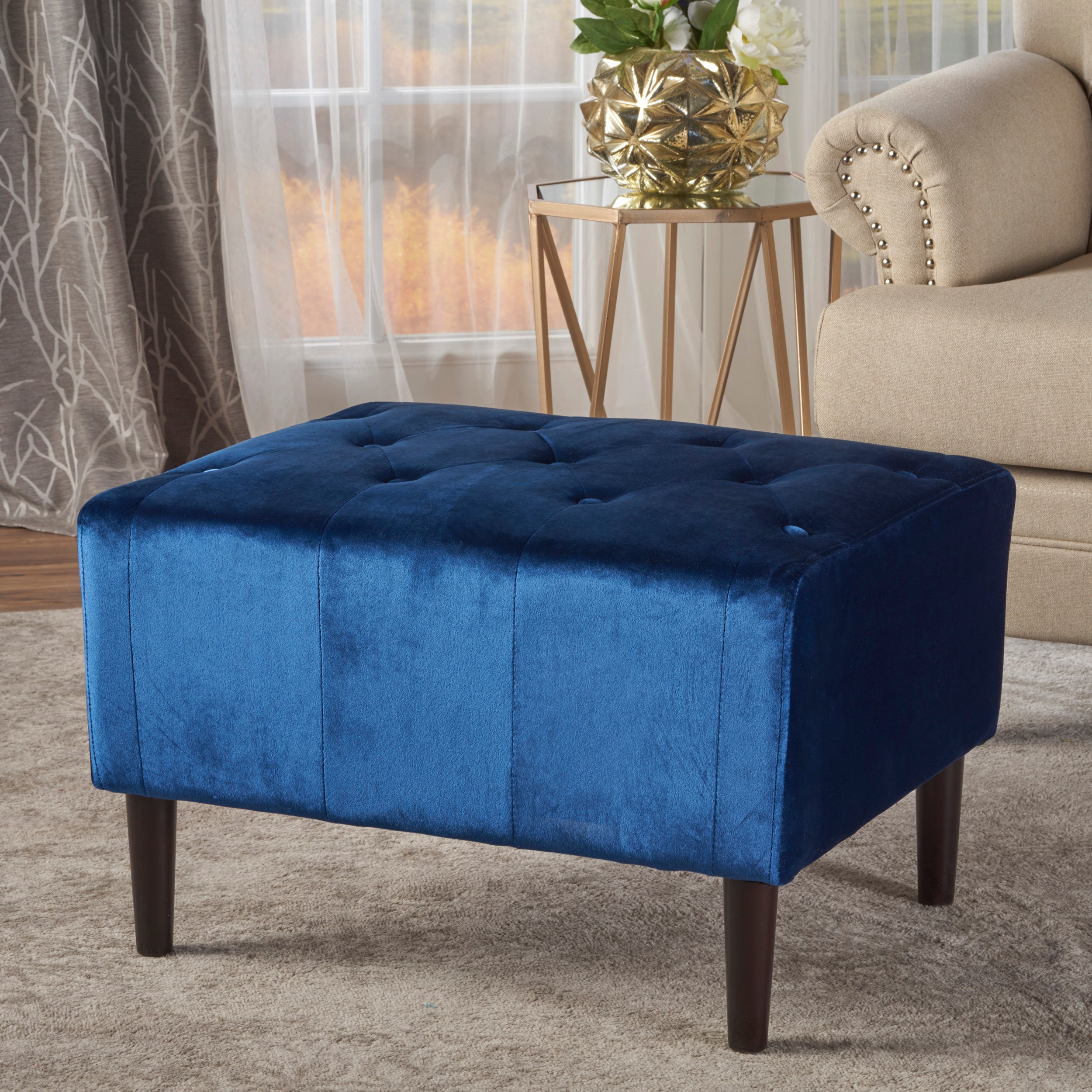 Kalani Modern Glam Button Tufted Diamond Stitch Velvet Ottoman With Tapered Legs