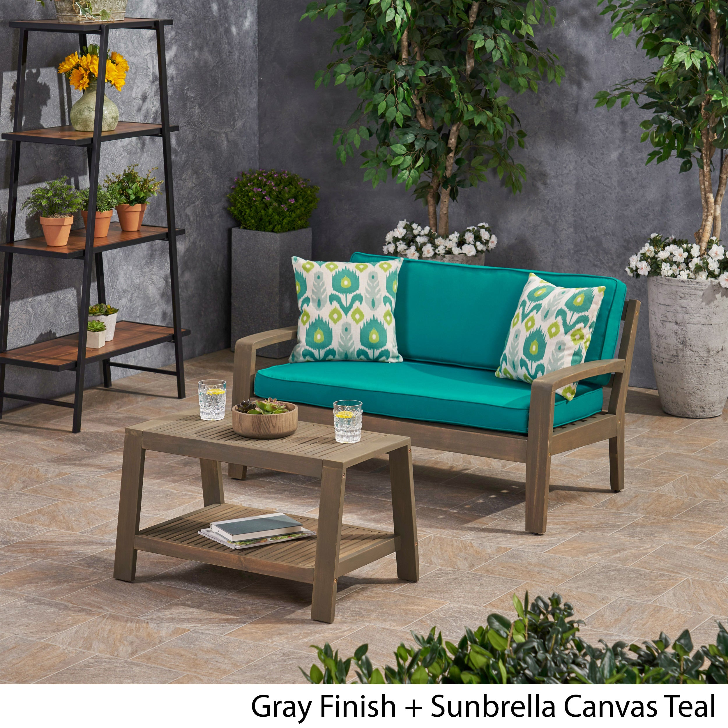 Parma Outdoor Acacia Wood Loveseat and Coffee Table Set with Sunbrella Cushions