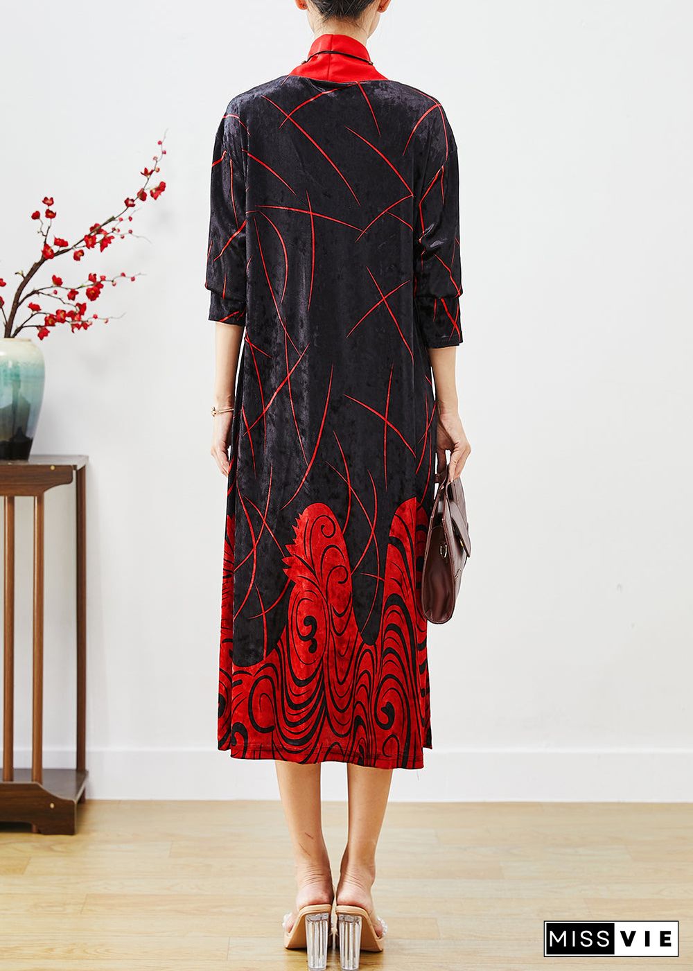 Classy Red Turtle Neck Print Silk Velour Long Dress Half Sleeve