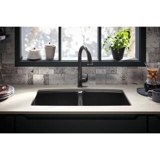 KOHLER Brookfield Undermount Cast-Iron 33 in. 5-Hole Double Bowl Kitchen Sink in Black Black K-5846-5U-7