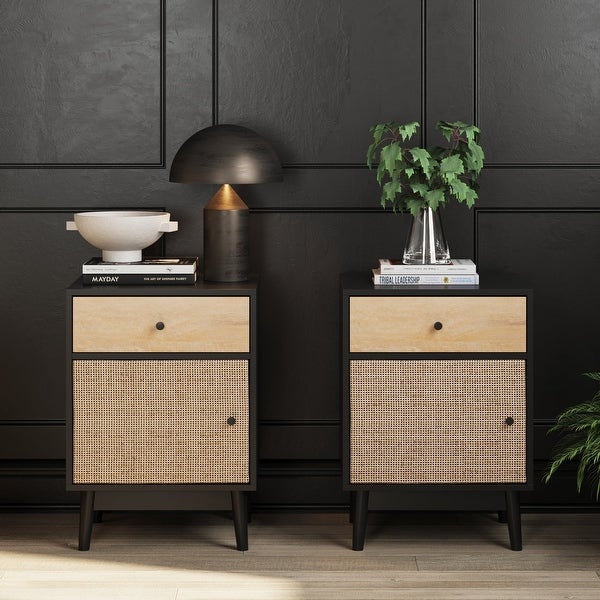 Nathan James Bonnie Bedside Table with Mango Wood Drawer and Rattan Cane Cabinet Door