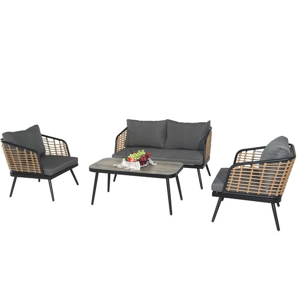 4Pieces Patio Conversation Sets，PE Rattan Wicker Outdoor Sofa Set with Washable Cushion and Tempered Glass Tabletop