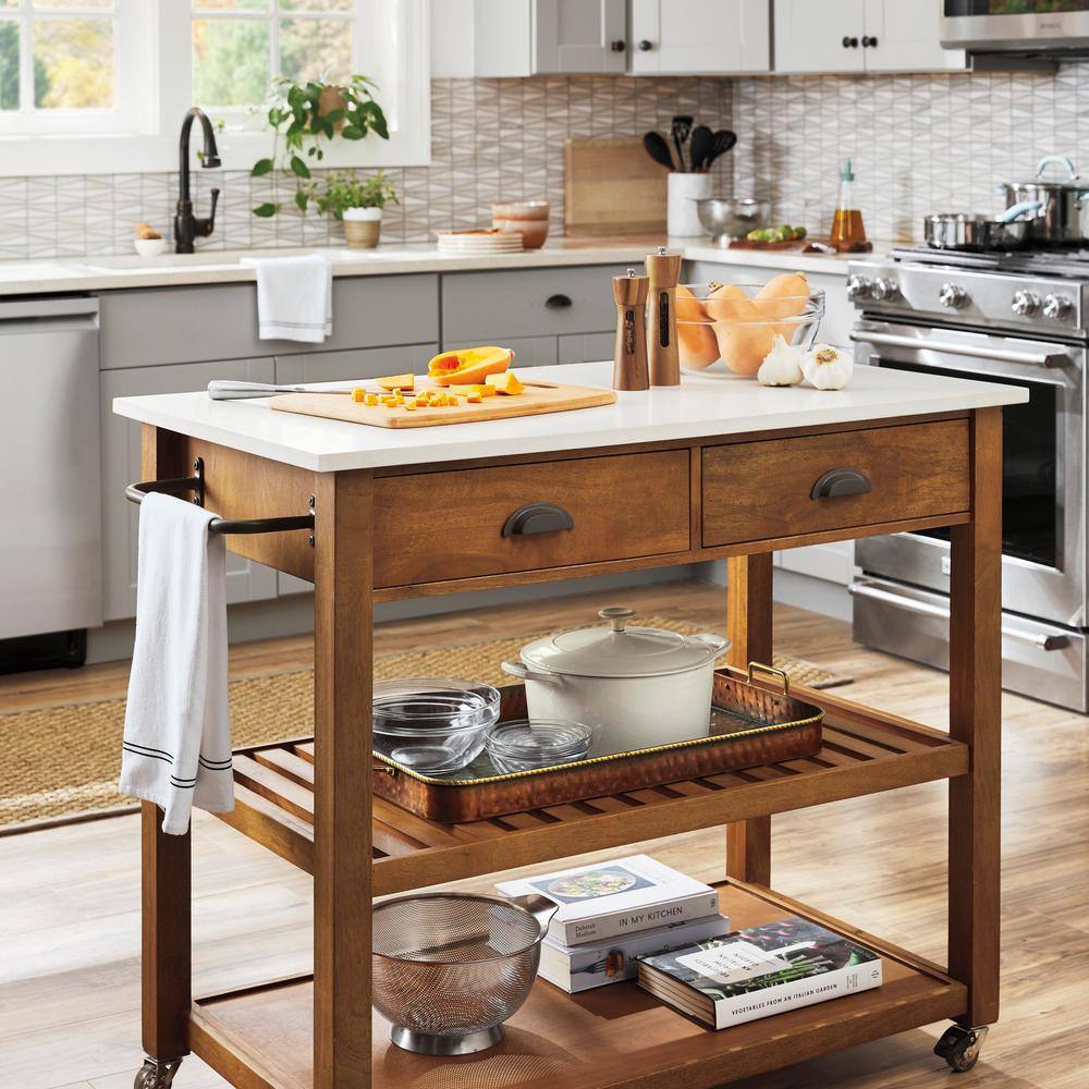 Home Decorators Collection Alstead Wooden Farmhouse Rolling Kitchen Cart with White Marble Top and Double-Drawer Storage (44in. W) BT0339V