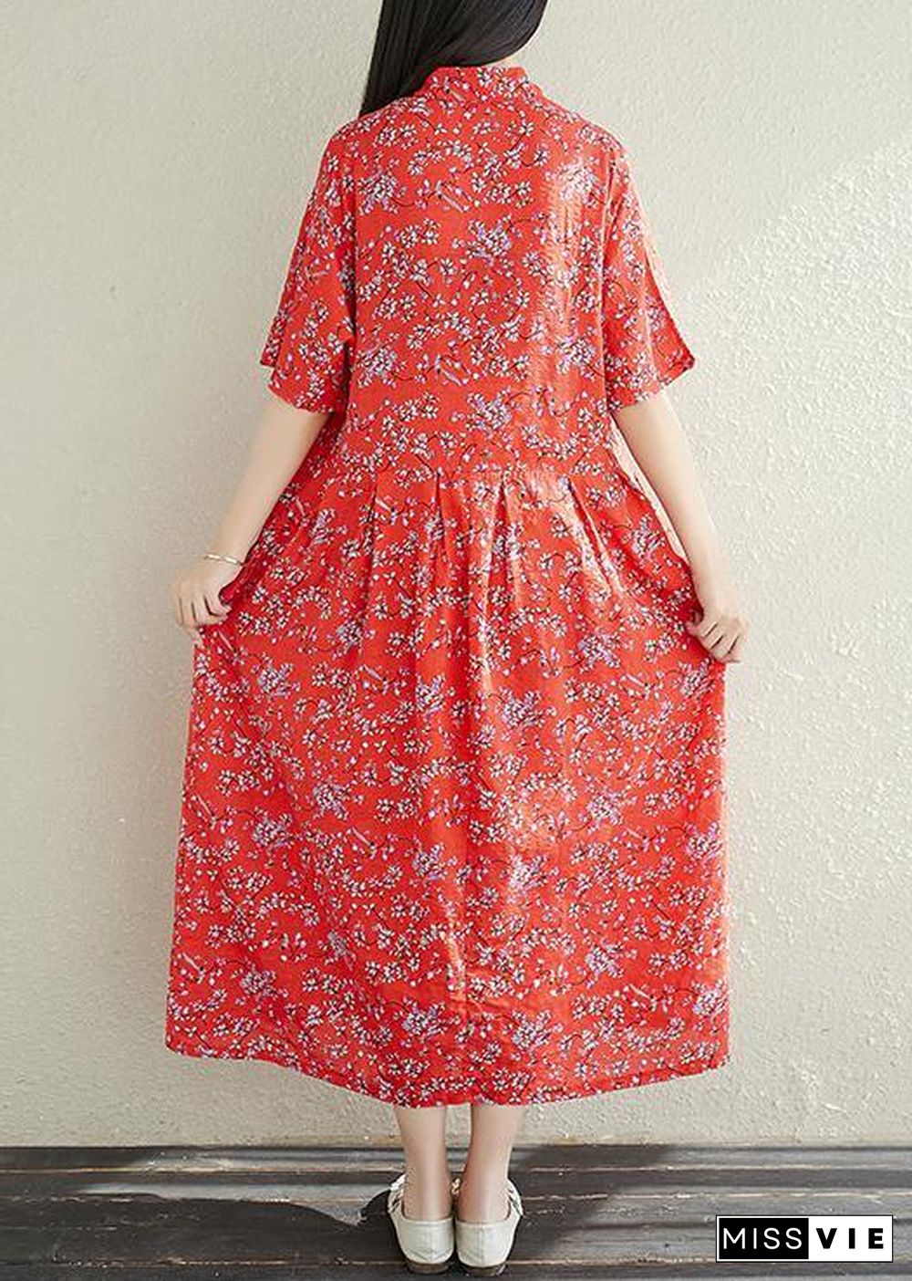 Button Chiffon Robes Fabrics red prints Dresses summer