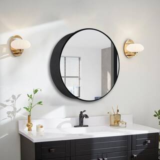 24 in. W x 24 in. H Small Round Black Metal Frame Wall Mount or Recessed Bathroom Medicine Cabinet with Mirror MEDICCwy01