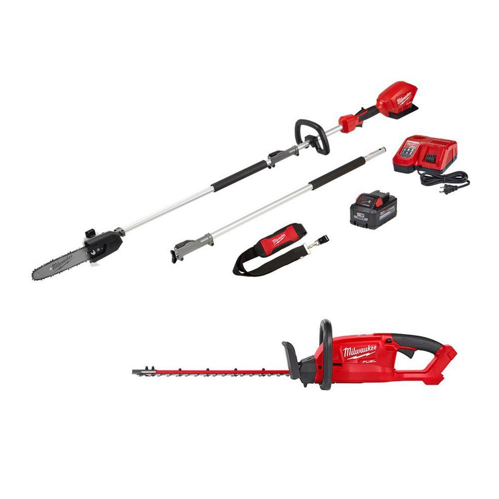 MW M18 FUEL 10 in. 18V Lithium-Ion Brushless Electric Cordless Pole Saw Kit w M18 FUEL 18 in. Hedge Trimmer  8Ah Battery 2825-21PS-3001-20