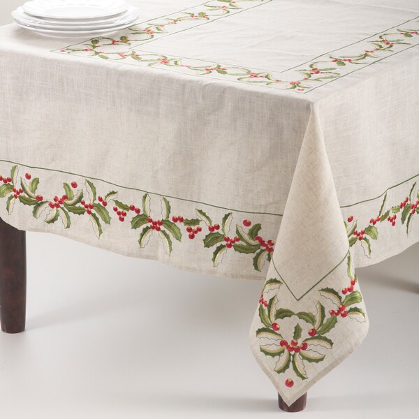 Embroidered Holly Design Holiday Linen Blend Table Runners