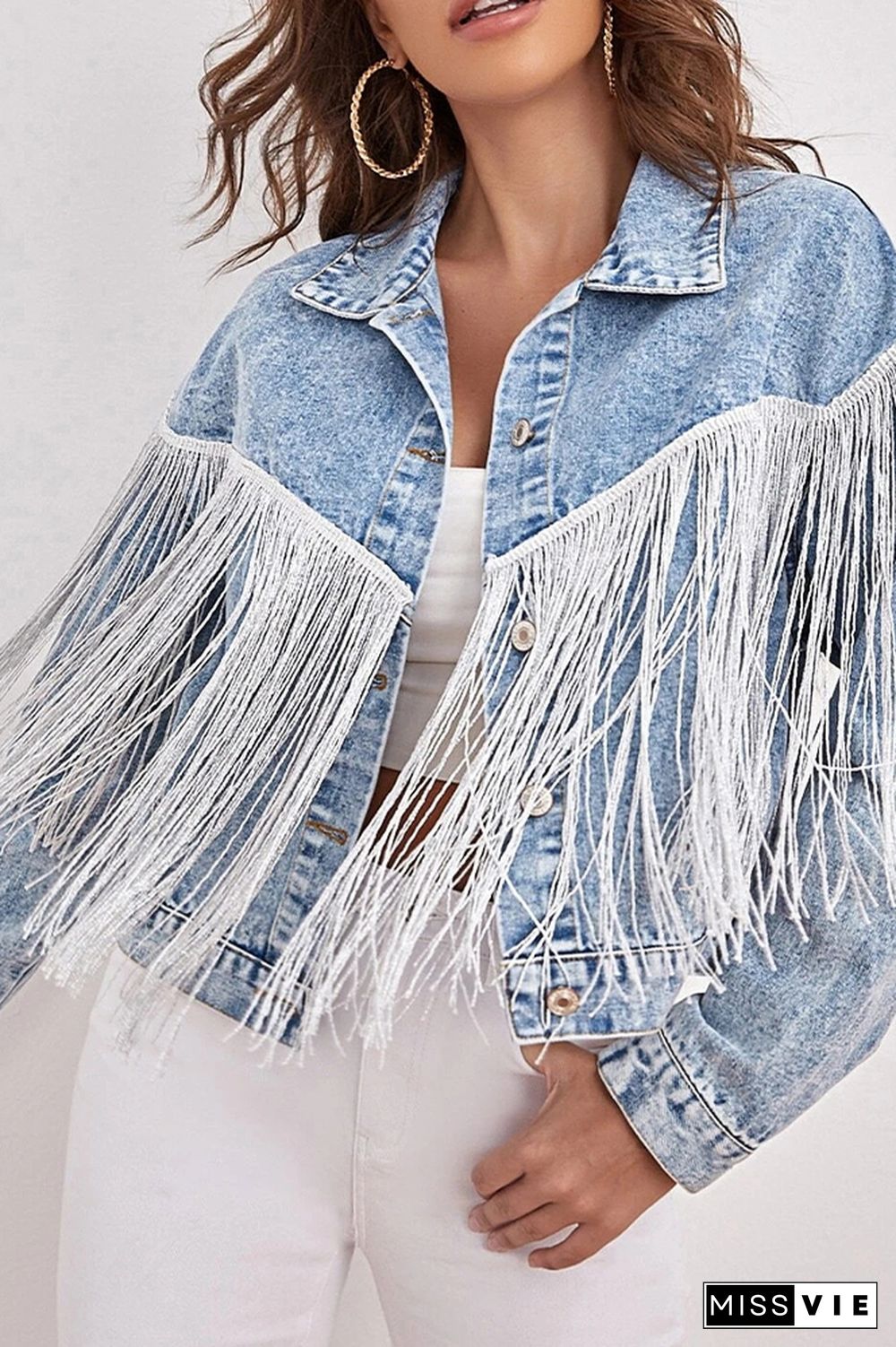 Light Blue Tassle Distressed Denim Jacket Coat