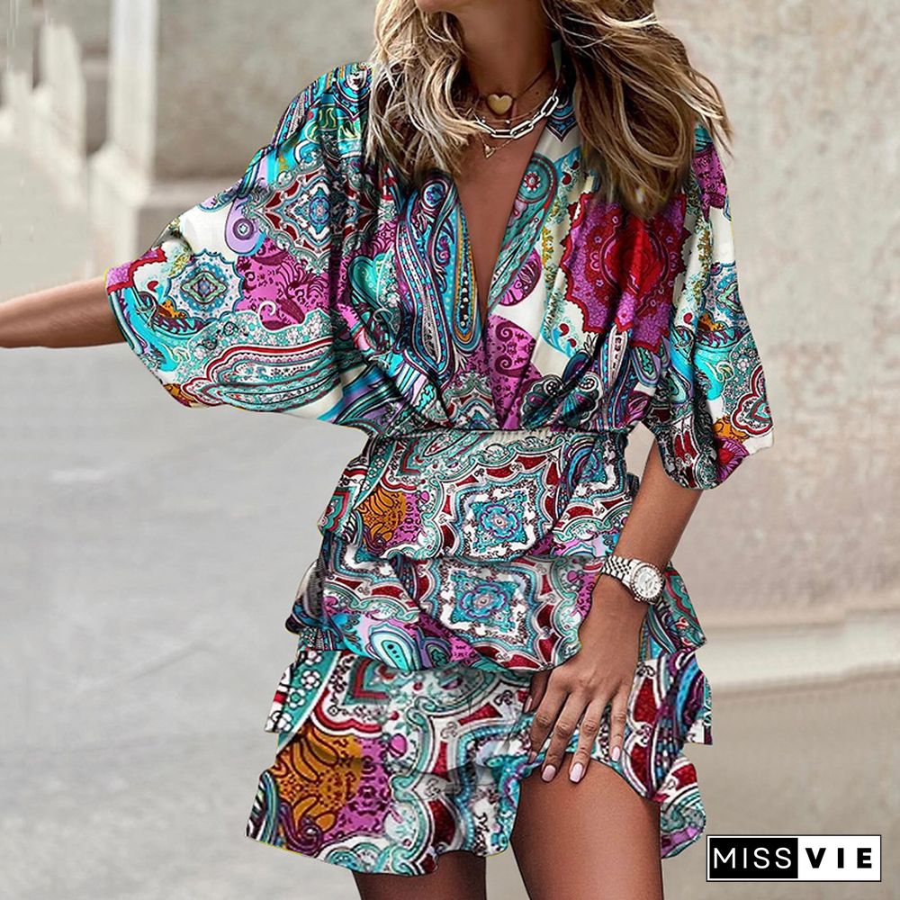 Women Deep V Button Print Loose Beach Dress Fashion Flared Sleeve Pleated Midi Party Dress Summer Casual Street Pullover Dresses