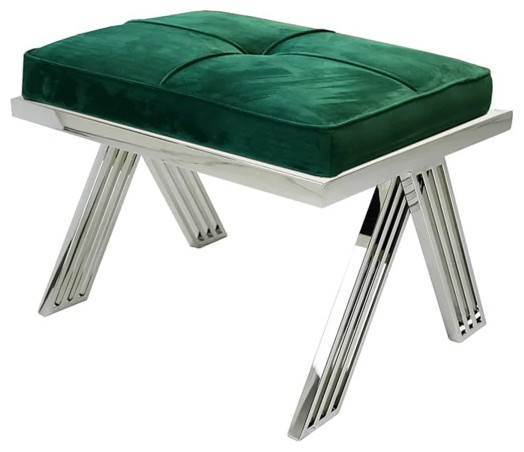 Daniele Ottoman Velvet Fabric Green With Polished Stainless Steel Base   Contemporary   Footstools And Ottomans   by Peachtree Fine Furniture  Houzz