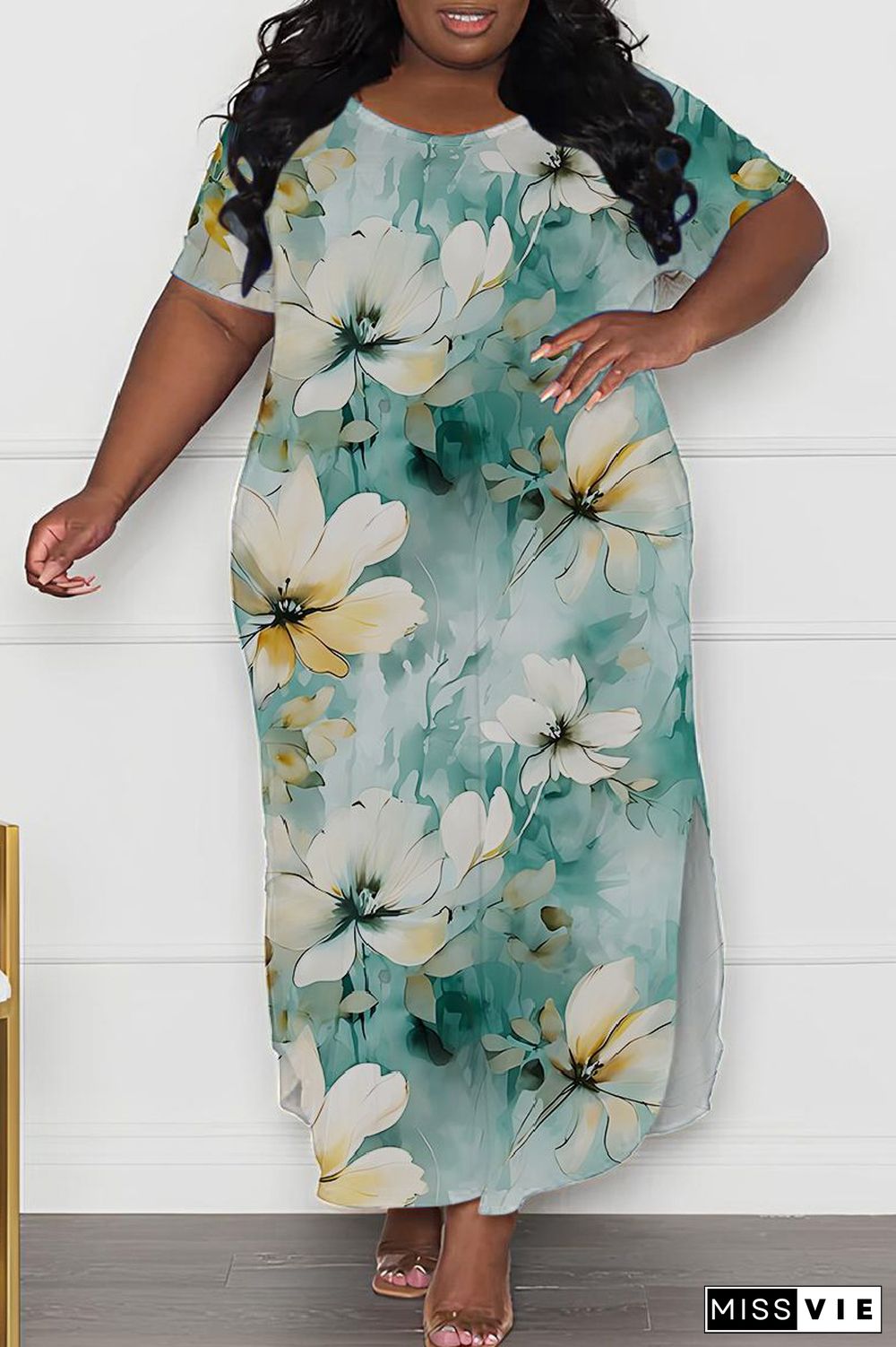 Casual Print Basic O Neck Long Plus Size Dresses