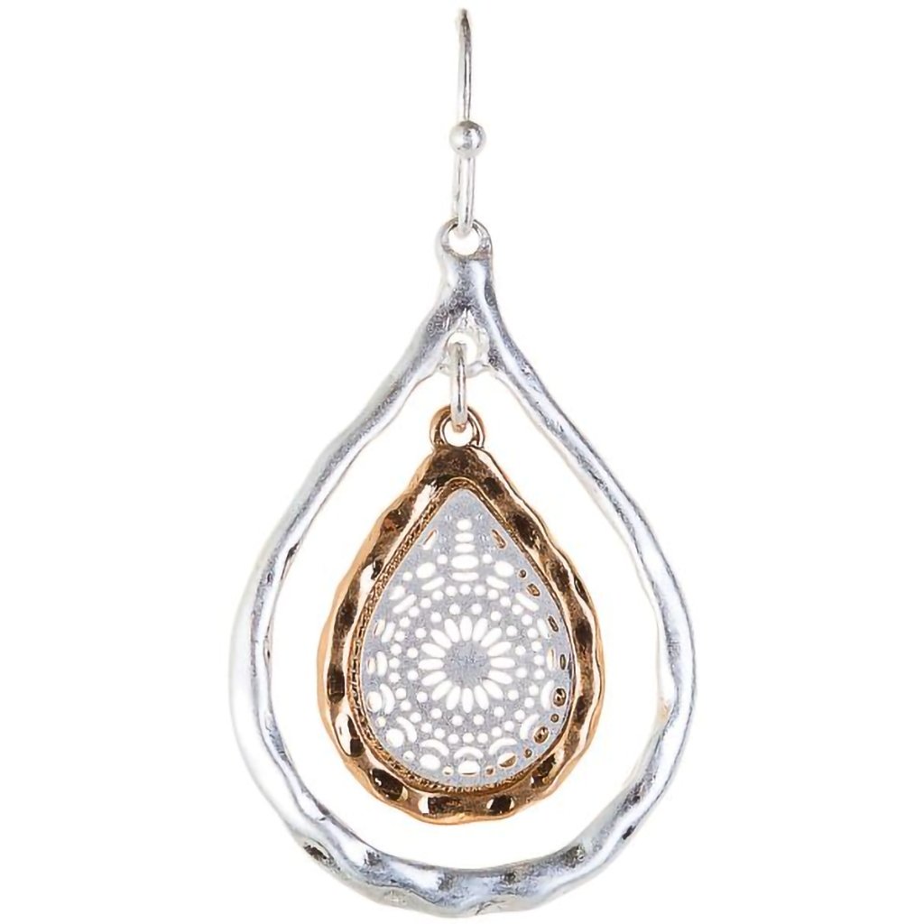 Rain  Two Tone Open Teardrop Filigree Earrings