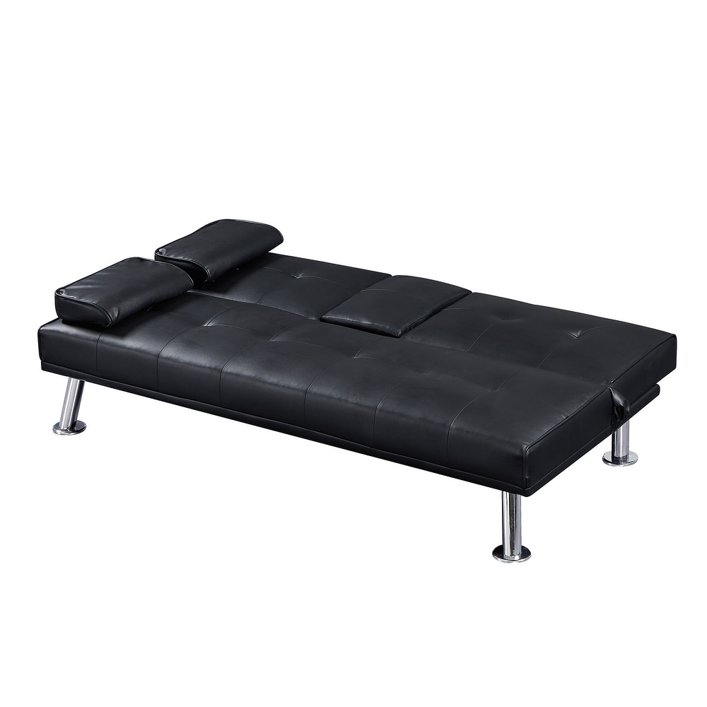 Modern Leather Convertible Folding Loveseat Sleeper Sofa Bed With Cup Holders For Living Room 2 Seat