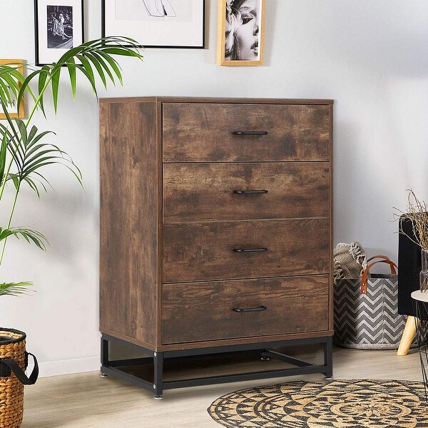 Chest of Drawers， Industrial Tall Dresser with 4 Drawers，Wood Storage Cabinet with Sturdy Metal Frame - as picture - - 37668516